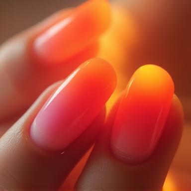 Example of ombre acrylic nails blending from orange to pink, resembling a sunset