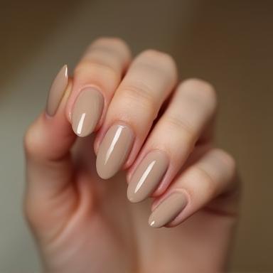 Example of elegant nude gel polish on almond shaped nails