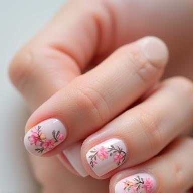 Example of delicate hand-painted floral nail art on a light background